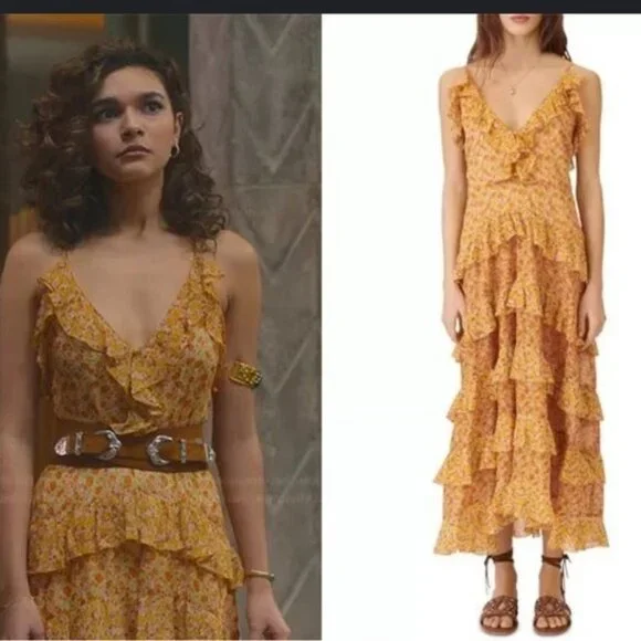 ❌❌SOLD❌❌450 MAJE Printed Cotton Voile Dress With Ruffles Orange | Womens Dresses - Picture 8 of 11